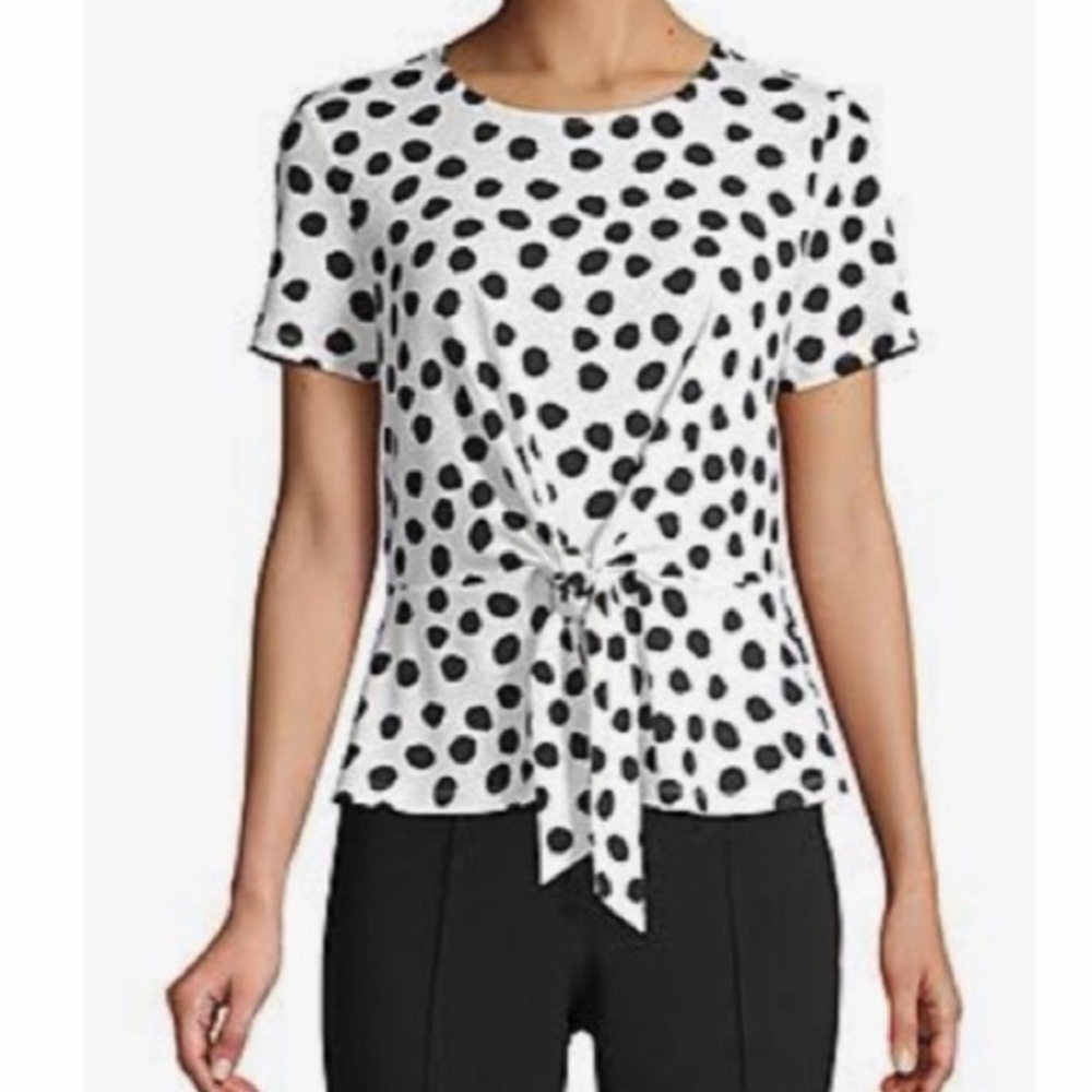 Talbots Tie-front Peplum Blouse Women’s XS Black and White Polka Dot Office Chic